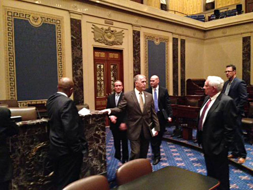 Commissioner Jim Duke chats with Senator Thom Tillis on the Senate Chamber Floor during Town Board visit to Washington, DC.